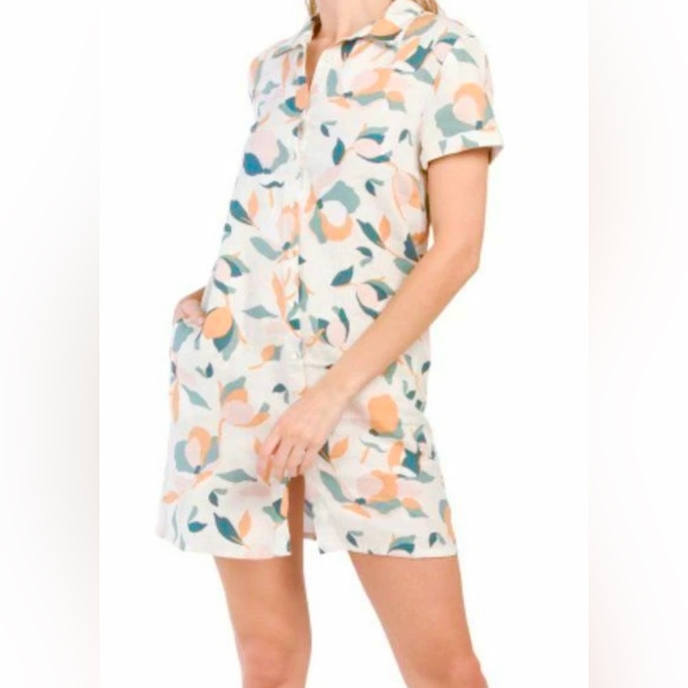 Rachel Zoe 100% Linen Mini Dress in Peach Teal Short Sleeve Button Down Sz XS